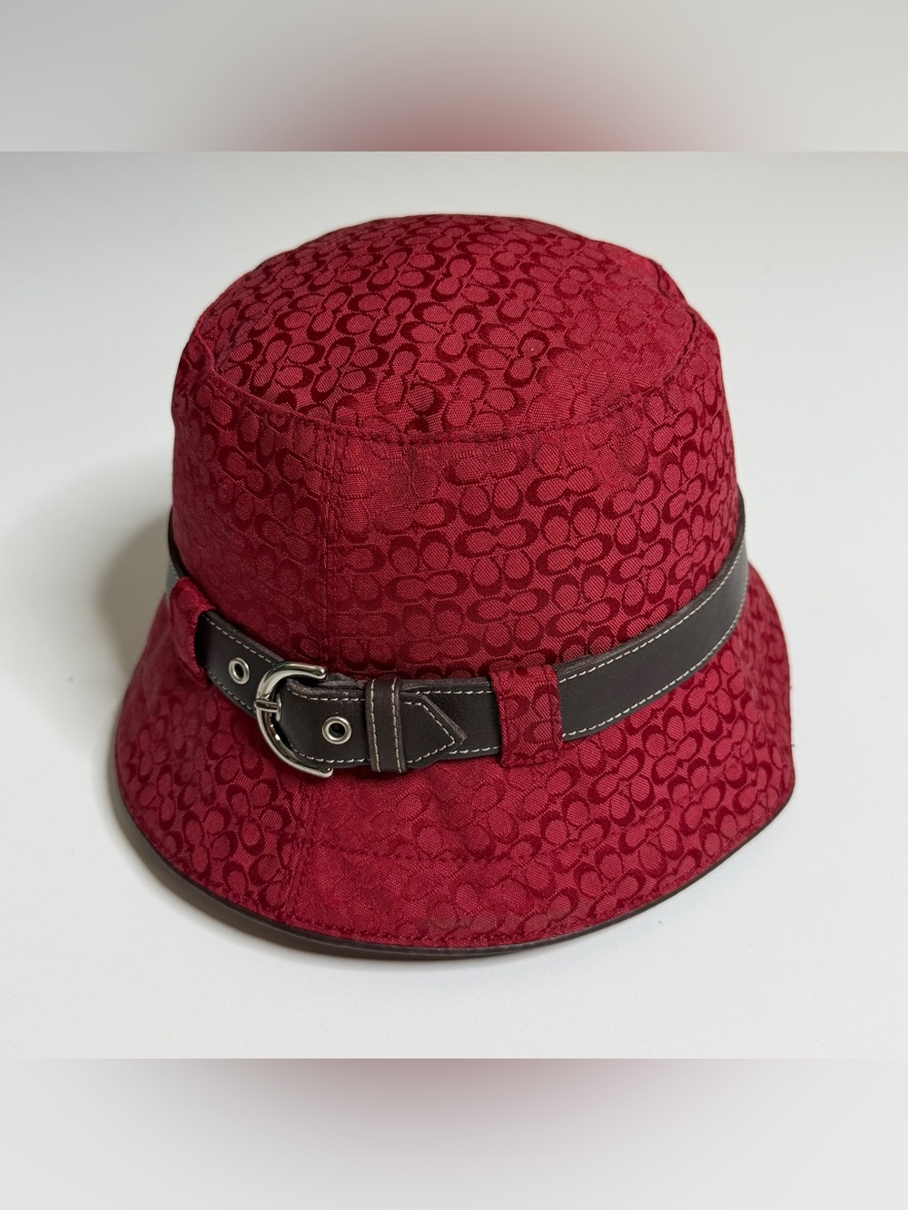 Vintage Coach Monogram Leather Belt Cotton Bucket Hat Womens Small Red Y2K